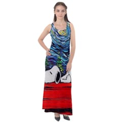 Dog Cartoon Vincent Van Gogh s Starry Night Parody Sleeveless Velour Maxi Dress by Sarkoni