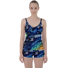 Spaceship Galaxy Parody Art Starry Night Tie Front Two Piece Tankini by Sarkoni