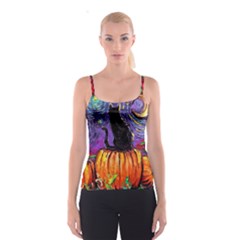 Halloween Art Starry Night Hallows Eve Black Cat Pumpkin Spaghetti Strap Top by Sarkoni