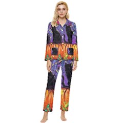 Halloween Art Starry Night Hallows Eve Black Cat Pumpkin Womens  Long Sleeve Velvet Pocket Pajamas Set by Sarkoni