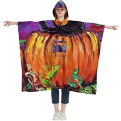 Halloween Art Starry Night Hallows Eve Black Cat Pumpkin Women s Hooded Rain Ponchos by Sarkoni