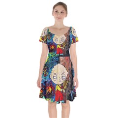 Cartoon Starry Night Vincent Van Gogh Short Sleeve Bardot Dress by Sarkoni