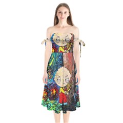 Cartoon Starry Night Vincent Van Gogh Shoulder Tie Bardot Midi Dress by Sarkoni