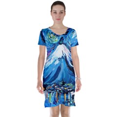 Mount Fuji Art Starry Night Van Gogh Short Sleeve Nightdress by Sarkoni