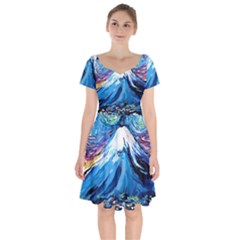 Mount Fuji Art Starry Night Van Gogh Short Sleeve Bardot Dress by Sarkoni