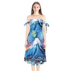 Mount Fuji Art Starry Night Van Gogh Shoulder Tie Bardot Midi Dress by Sarkoni