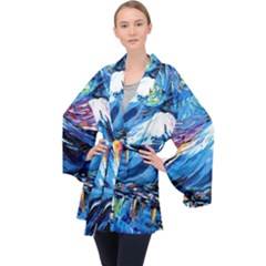 Mount Fuji Art Starry Night Van Gogh Long Sleeve Velvet Kimono  by Sarkoni