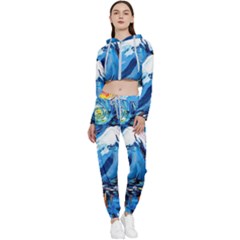 Mount Fuji Art Starry Night Van Gogh Cropped Zip Up Lounge Set by Sarkoni