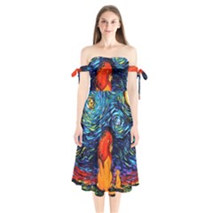 Lion Art Starry Night Van Gogh Shoulder Tie Bardot Midi Dress by Sarkoni