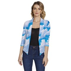 Sky Clouds Blue Cartoon Animated Women s Draped Front 3/4 Sleeve Shawl Collar Jacket by Bangk1t