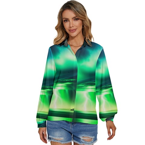 Lake Storm Neon Women s Long Sleeve Button Up Shirt by Bangk1t