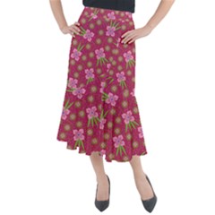 Flower Background Pattern Pink Midi Mermaid Skirt by Ravend