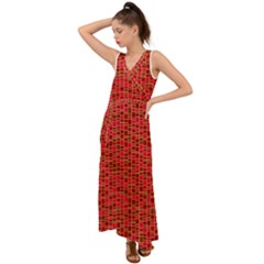 Geometry Background Red Rectangle Pattern V-neck Chiffon Maxi Dress by Ravend