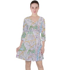 London City Map Quarter Sleeve Ruffle Waist Dress by Bedest