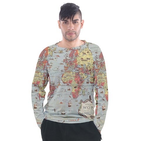 Vintage Old Antique World Map Men s Long Sleeve Raglan T-shirt by Bedest