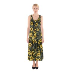 Sunflowers Yellow Flowers Flowers Digital Drawing Sleeveless Maxi Dress by Ravend