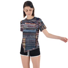 Pile Of Books Photo Of Assorted Book Lot Backyard Antique Store Asymmetrical Short Sleeve Sports T-shirt by Ravend