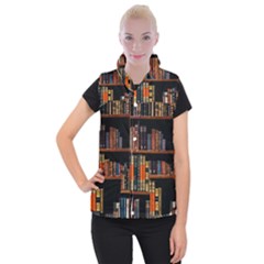 Assorted Title Of Books Piled In The Shelves Assorted Book Lot Inside The Wooden Shelf Women s Button Up Vest by Ravend