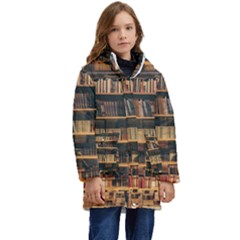 Books On Bookshelf Assorted Color Book Lot In Bookcase Library Kids  Hooded Longline Puffer Jacket by Ravend