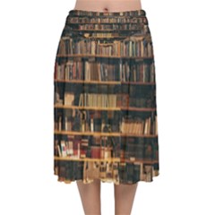 Books On Bookshelf Assorted Color Book Lot In Bookcase Library Velvet Flared Midi Skirt by Ravend