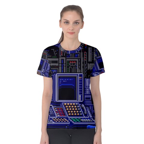 Blue Computer Monitor With Chair Game Digital Art Women s Cotton T-shirt by Bedest