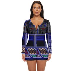 Blue Computer Monitor With Chair Game Digital Art Long Sleeve Boyleg Swimsuit by Bedest