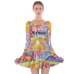 Multicolored Optical Illusion Painting Psychedelic Digital Art Long Sleeve Skater Dress by Bedest