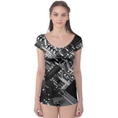 Black And Gray Circuit Board Computer Microchip Digital Art Boyleg Leotard  by Bedest