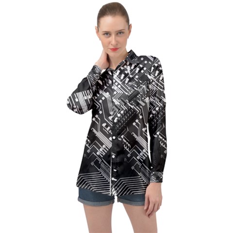 Black And Gray Circuit Board Computer Microchip Digital Art Long Sleeve Satin Shirt by Bedest