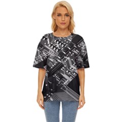 Black And Gray Circuit Board Computer Microchip Digital Art Oversized Basic T-shirt by Bedest