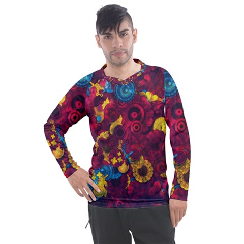 Psychedelic Digital Art Colorful Flower Abstract Multi Colored Men s Pique Long Sleeve T-shirt by Bedest