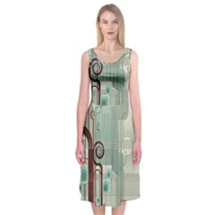 Green Red And White Line Digital Abstract Art Midi Sleeveless Dress by Bedest