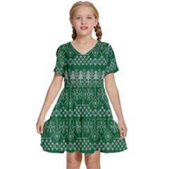 Christmas Knit Digital Kids  Short Sleeve Tiered Mini Dress by Mariart