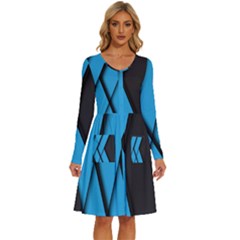 Blue Black Abstract Background, Geometric Background Long Sleeve Dress With Pocket by nateshop