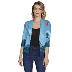 Minimalism Great Wave Off Kanagawa Women s Draped Front 3/4 Sleeve Shawl Collar Jacket by Sarkoni