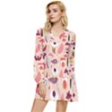 Scandinavian Flat Floral Background Coral Pink White Black Gold Pattern Tiered Long Sleeve Mini Dress View1