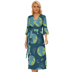 Seamless Pattern Cartoon Earth Planet Midsummer Wrap Dress by Grandong