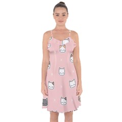 Cute Cat Cartoon Doodle Seamless Pink Pattern Ruffle Detail Chiffon Dress by Grandong