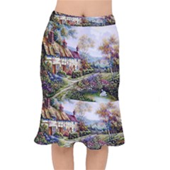 Colorful Cottage River Colorful House Landscape Garden Beautiful Painting Short Mermaid Skirt by Grandong