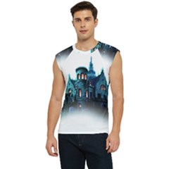 Blue Castle Halloween Horror Haunted House Men s Raglan Cap Sleeve T-shirt by Sarkoni