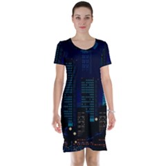 Pixel Art Night City Japan Short Sleeve Nightdress by Sarkoni