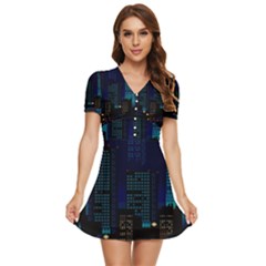 Pixel Art Night City Japan V-neck High Waist Chiffon Mini Dress by Sarkoni