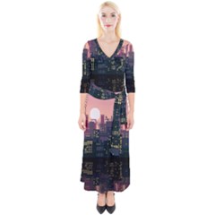 Pixel Art City Quarter Sleeve Wrap Maxi Dress by Sarkoni