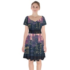 Pixel Art City Short Sleeve Bardot Dress by Sarkoni