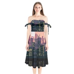 Pixel Art City Shoulder Tie Bardot Midi Dress by Sarkoni