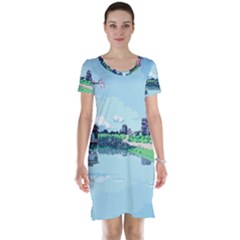 Japanese Themed Pixel Art The Urban And Rural Side Of Japan Short Sleeve Nightdress by Sarkoni