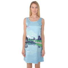 Japanese Themed Pixel Art The Urban And Rural Side Of Japan Sleeveless Satin Nightdress by Sarkoni