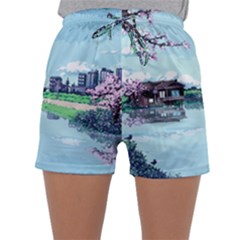 Japanese Themed Pixel Art The Urban And Rural Side Of Japan Sleepwear Shorts by Sarkoni