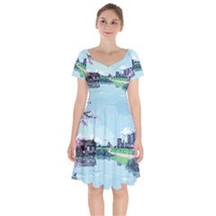 Japanese Themed Pixel Art The Urban And Rural Side Of Japan Short Sleeve Bardot Dress by Sarkoni