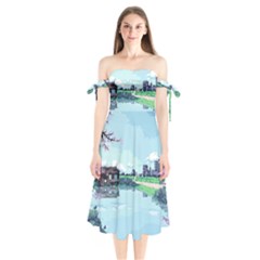 Japanese Themed Pixel Art The Urban And Rural Side Of Japan Shoulder Tie Bardot Midi Dress by Sarkoni